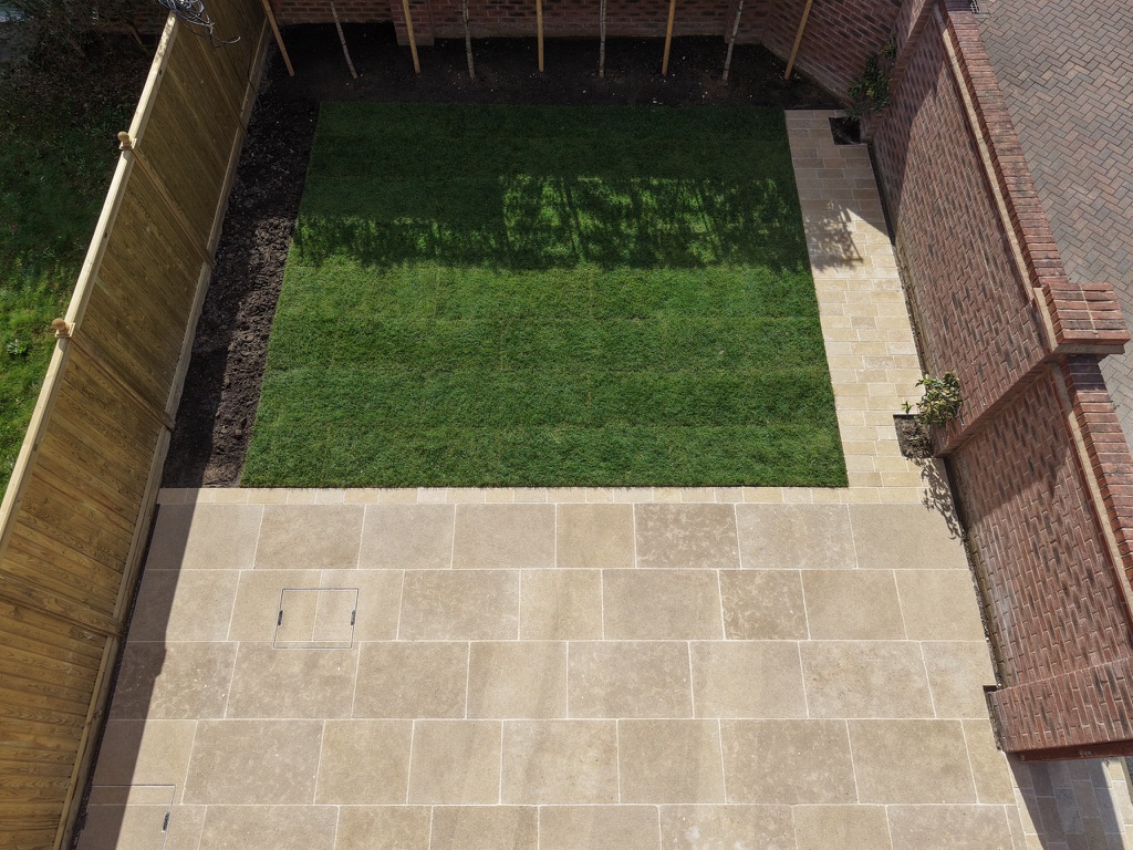 Overhead view of the Egyptian limestone patio, paths and new lawn in Wakefield